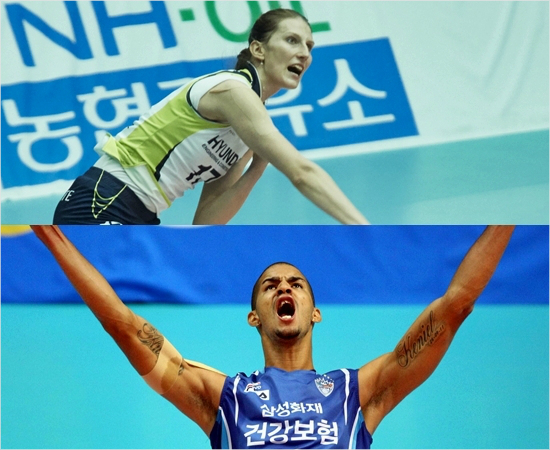 여자부현대건설의폴리(위)와남자부삼성화재의레오가NH농협2014~2015V-리그2라운드최우수선수(MVP)에선정됐다.(자료사진=한국배구연맹)
