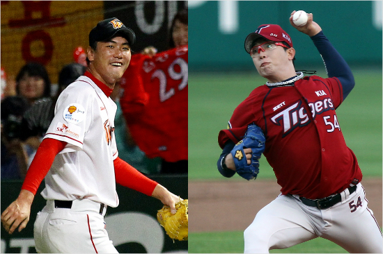 '현종아,MLB어렵구나'올시즌뒤미국진출을선언했지만우여곡절끝에다음기회를노리게된SK김광현(왼쪽)과KIA양현종.(자료사진=SK,KIA)