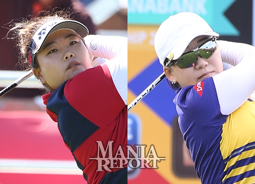 ▲안선주(왼쪽)와신지애.사진