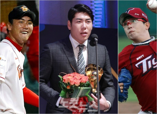 '너희들몫까지해낼게'올시즌뒤야심차게메이저리그진출을노렸던SK김광현(왼쪽)과KIA양현종(오른쪽)은일단미국진출의꿈을미루게됐다.이런가운데한국프로야구최고유격수넥센강정호(가운데)의빅리그입성여부가초미의관심사로떠올랐다.(자료사진=SK,박종민기자,KIA)