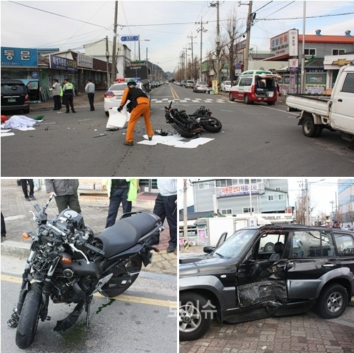 ▲오토바이가승용차를들이받고오토바이운전자와탑승자가사망한교통사고현장.<경남경찰청제공>