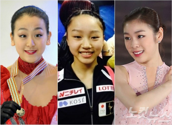 '아사다와김연아,누굴택할래?'일본에서'제2의아사다마오(왼쪽)'로주목받고있는13살피겨유망주히구치와카바(가운데)는주로쓰는고난도기술이오히려'피겨여왕'김연아(오른쪽)와비슷한것으로알려졌다.(자료사진=황진환기자,히구치SNS)