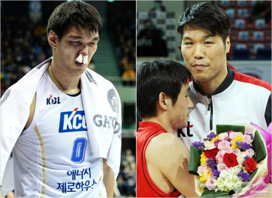 '승진아,이렇게안아주고싶구나'KCC하승진(왼쪽)은지난1일삼성과경기에서코뼈가부러지는부상에팬의조롱까지듣는아픔을겪었다.이에대선배서장훈은애정어린조언을건넸다.오른쪽사진은지난2013년서장훈이은퇴식에서상대선수였던모비스양동근의포옹을받는모습.(자료사진=KBL)