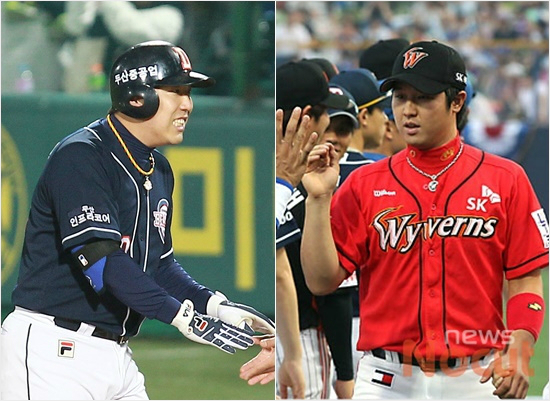 '형,이제나랑바통터치해요'두산김현수(왼쪽)는올시즌FA최대어로꼽힌다.지난해역대최고인4년86억원을찍은SK최정을넘어설지벌써부터관심을모으고있다.(자료사진=황진환,윤성호기자)