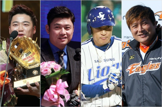 '우리도있소'올시즌FA대박이예상되는삼성박석민,넥센손승락,삼성이승엽,한화김태균(왼쪽부터).최고액은힘들어도수십억원계약은무난할것으로보인다.(자료사진=박종민,황진환기자)