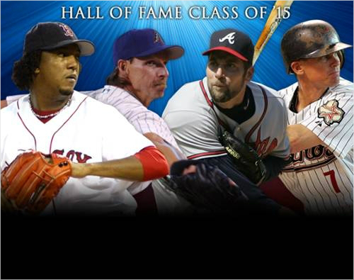 명예의전당에헌액된페드로마르티네즈(왼쪽부터),랜디존슨,존스몰츠,크레이그비지오.(자료사진=MLB.com)