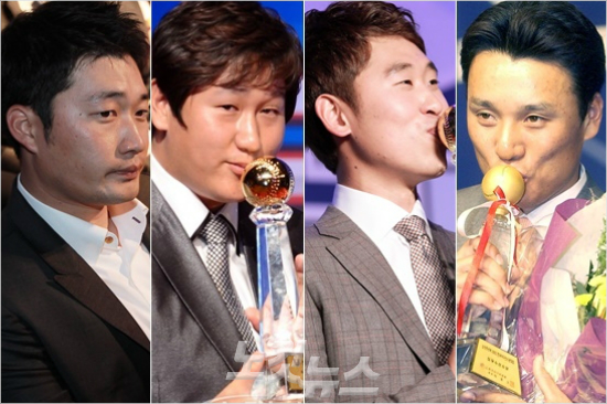 '나도계속한국있었으면MVP탔을거라고요'FA자격을얻으면서해외로진출했던오승환,이대호,윤석민,이승엽(왼쪽부터).이중오승환을뺀3명은해외진출이전MVP를받았다.(자료사진)