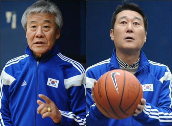 '몇억씩받으면값어치를해야지'한국농구전설의슈터로꼽히는신동파전대한농구협회부회장(왼쪽)과이충희전원주동부감독은후배들이더슛성공률을높여야한다고지적했다.사진은올스타전이벤트경기에대비한8일훈련때모습.(자료사진=KBL)