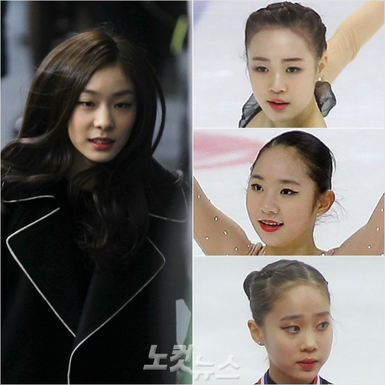 '이제나를넘어서라'9일막을내린피겨종합선수권대회에서선수가아닌시상자로나선'피겨여왕'김연아(왼쪽)와여자싱글에서나란히1~3위를차지한박소연(오른쪽위부터),최다빈,안소현.(사진=박종민기자)