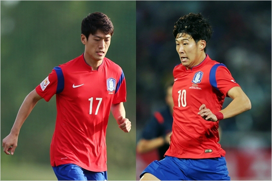 이청용(왼쪽)은오른쪽정강이뼈미세골절로쿠웨이트와2015호주아시안컵조별예선2차전출전이불가능하다.손흥민역시감기몸살로팀훈련을소화하지못해출전가능성이매우낮다.(자료사진=대한축구협회)