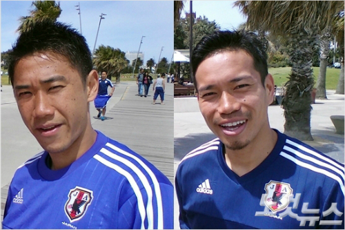 일본축구대표팀의핵심선수인미드필더가가와신지(왼쪽)와수비수나가토모유토는요르단과2015호주아시안컵조별예선D조3차전을하루앞두고멜버른인근의세인트킬다해변을찾아망중한을즐겼다.멜버른(호주)=오해원기자