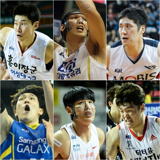 '누구힘이제일셀까'KGC오세근,KCC하승진,모비스함지훈,오리온스이승현,SK최부경,삼성김준일(왼쪽위부터시계방향)은한국프로농구를대표하는힘좋은장신들이다.과연이들중가장파워가넘치는선수는누굴까.(자료사진=KBL)