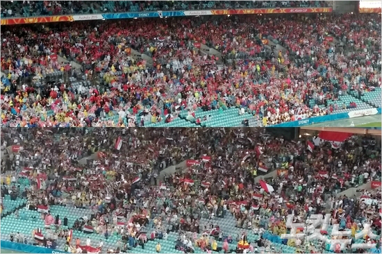 한국과이라크의2015호주아시안컵준결승을찾은3만6053명의양팀응원단은경기시작전부터뜨거운응원전을펼치며경기장분위기를후끈하게달궜다.시드니(호주)=오해원기자