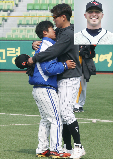 '상훈아,언제클래?(그래봐야2m도안되잖아요)'2015년KBO리그최장신은케이티의앤디시스코(오른쪽위사진)로208cm,역대신기록을썼다.최단신은KIA김선빈의입대로삼성이상훈(왼쪽)이차지하게됐다.사진은지난해롯데소속이던장성호(케이티)와반갑게안고있는모습.(자료사진=케이티,삼성)