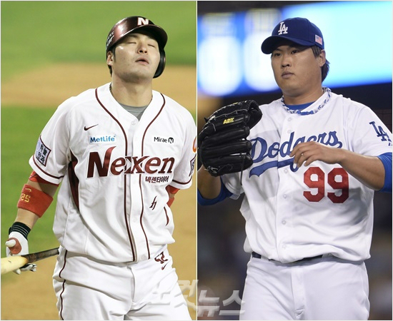 '안그래도넓은데vs더줄이겠다고?'KBO리그와메이저리그는올시즌모두스트라이크존변경을검토하고있다.다만KBO는축소,메이저리그는확대쪽으로가닥을잡고있다.KBO는타고투저,메이저리그는투고타저를어느정도해소할수있을전망이다.사진은양대리그를대표하는타자넥센박병호(왼쪽)와투수LA다저스류현진.(자료사진=황진환기자)