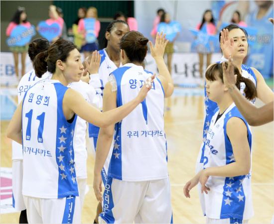 '이제2번남았다'우리은행선수들이14일하나외환과원정에서대승을거둔뒤하이파이브를하고있다.(부천=WKBL)