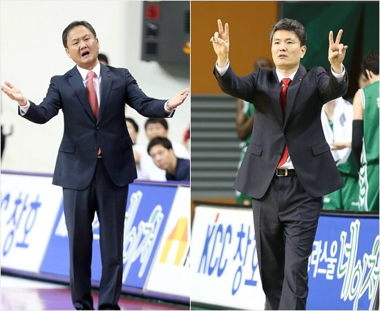 '영만아,이렇게까지올라오기있니?'모비스는지난15일SK와선두권빅매치승리와유재학감독(왼쪽)의통산500승을거둔이후2연패하면서주춤한사이8연승을달린동부에공동선두를허용했다.사진은유감독과김영만동부감독이21일각각오리온스,전자랜드를맞아작전지시를내리는모습.(울산,원주=KBL)