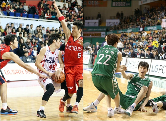 '협력이가장중요하다'모비스와동부는오는23일정규리그우승의분수령이될일전을치른다.모비스는21일오리온스와경기에서다소부진했던함지훈-양동근(왼쪽)의분전이절실한반면동부는기둥김주성(오른쪽)이건재한데다안재욱등외곽지원도살아나접전이예상된다.(울산,원주=KBL)