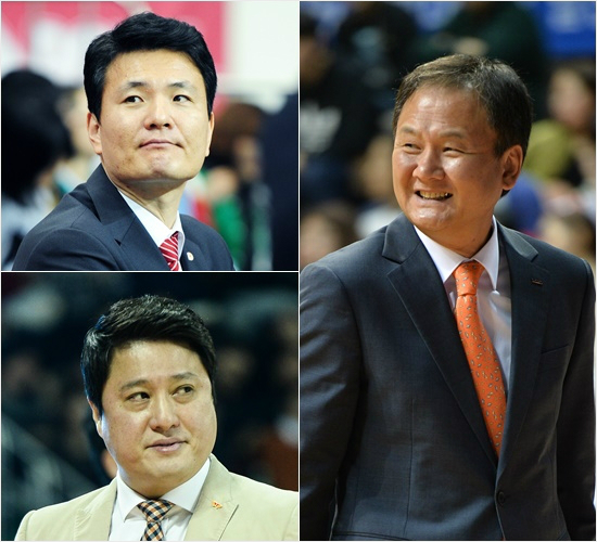 '감독님너무하세요...내가뭘?'동부와SK도올시즌정규리그우승의기회가있었지만모비스의벽을넘지못하고연패에빠지면서아쉽게1위를내줬다.사진은유재학모비스,문경은SK,김영만동부(오른쪽부터시계방향)감독.(자료사진=KBL)