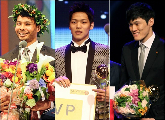 '외국인과겨뤄이뤄낸MVP'외국인선수상이폐지된이후2011-12시즌부터정규리그MVP에오른동부윤호영(오른쪽부터),SK김선형,LG문태종.(자료사진=KBL)