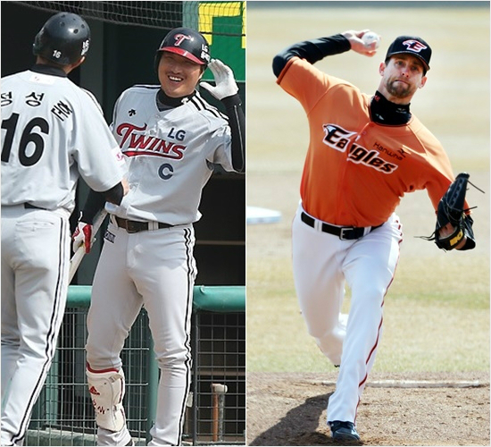 '성훈아,나처럼당하진말아야지'올시즌KBO리그는타자에대한스피드업규정으로개막전부터뜨거운논란이일고있다.사진은지난7일시범경기개막전에서스피드업규정위반으로삼진을당한LG이진영(가운데)와당시바뀐규정으로탈삼진을추가한한화투수탈보트(오른쪽)의역투장면.(자료사진=LG,한화)