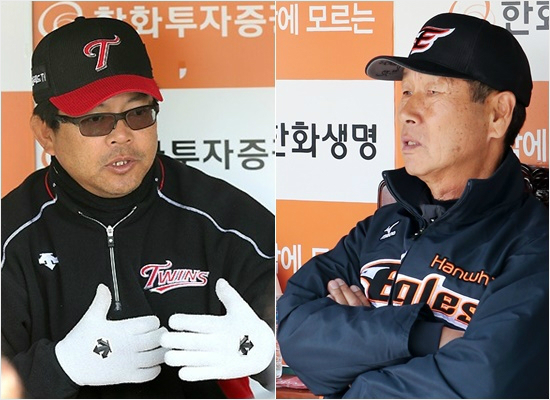 '스피드업규정,이대론안돼'김성근한화(오른쪽),양상문LG감독이지난주말시범경기에서취재진을상대로의견을밝히는모습.(자료사진=한화,LG)