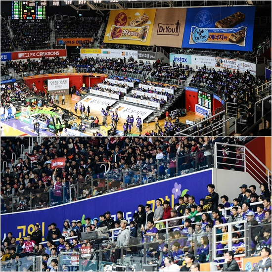 고양실내체육관은양쪽골대뒤편3층자유석에는오리온스모기업과글로벌스포츠기업의대형광고현수막이걸려있다.(위사진)관중이많이몰린14일4차전때는LG팬등일부관중이서서경기를지켜보는일이생기기도했다.(아래사진,자료사진=KBL)