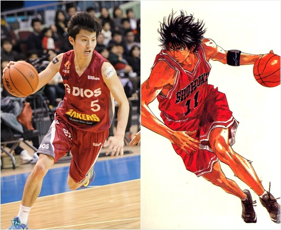 LG김시래(왼쪽)와만화슬램덩크의서태웅이드리블하는모습.(자료사진=KBL,단행본표지)