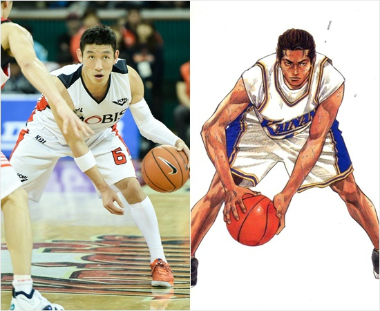 모비스주장양동근(왼쪽)과만화슬램덩크해남고캡틴이정환.(자료사진=KBL,단행본표지)