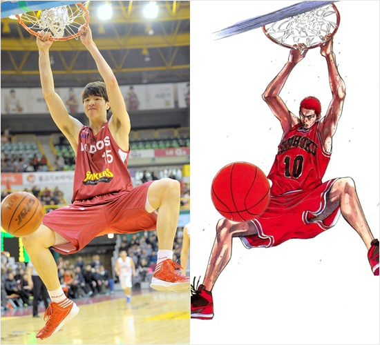 LG김종규(왼쪽)와만화슬램덩크북산고강백호의덩크모습.(자료사진=KBL,단행본표지)