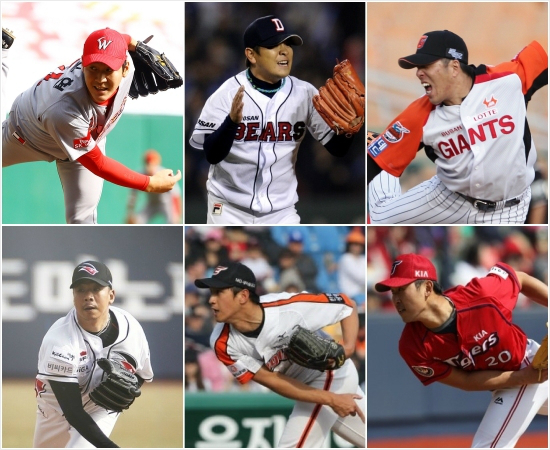 지난해포스트시즌에나가지못한5개팀과신생팀케이티의마무리투수들.SK윤길현(왼쪽위부터시계방향),두산윤명준,롯데김승회,KIA윤석민(미정),한화윤규진,케이티김사율.(자료사진=각구단)