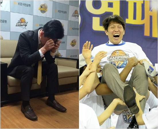 '내년에도이모습일까'27일여자프로농구챔피언결정전에서우승한뒤위성우우리은행감독이헹가래를받는모습(왼쪽)과아쉽게준우승한서동철국민은행감독이인터뷰도중눈물을훔쳐내는모습.(청주=국민은행,WKBL)