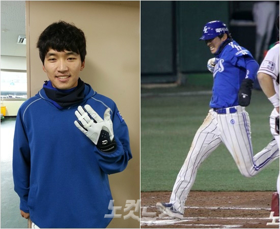 '왼손가락이4개뿐?'지난해한국시리즈에서왼손약지인대손상부상을입은박해민(왼쪽)은5차전에서벙어리장갑을키고대주자로나와천금의동점득점(오른쪽)을올렸다.(자료사진=박종민기자)