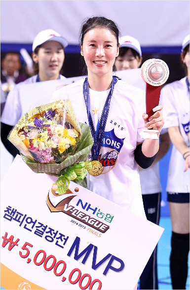 "저MVP받을자격있죠?"기업은행김사니가세터최초로챔피언결정전MVP를받았다.(자료사진=KOVO)