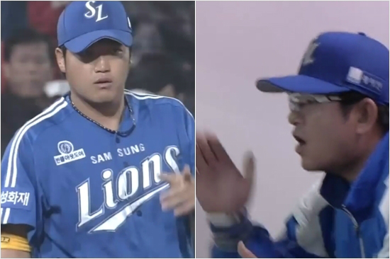 '감독님보셨죠?'삼성박석민이3월31일케이티와경기에서8회환상적인수비를선보인뒤손가락으로동료들을가리키는모습(왼쪽)과이를본류중일감독이벤치에서일어나며박수를치는모습.(사진=스카이스포츠중계화면캡처)