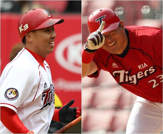 '돌아온꽃범호와빅초이'최근3년동안포스트시즌에실패한KIA는올해개막3연승을달리며달라진모습을보이고있다.사진은주장이범호(왼쪽)가개막전에서결승포를때린뒤기뻐하는모습과올해절치부심을다짐한거포최희섭.(자료사진=KIA타이거즈)