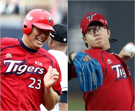 '형,얼마나좋으면강호동달리기를?'올해KIA의상승세를이끌고있는거포최희섭(왼쪽)과에이스양현종.(자료사진=KIA)