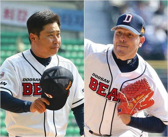'감독님,저34살맞아요'9일넥센과홈경기에서노히트노런기록을세운두산마야(오른쪽)와김태형감독.(자료사진=두산)