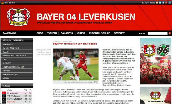 독일분데스리가바이엘레버쿠젠은최근경기장안전요원과물리적충돌을빚은베테랑수비수에미르스파히치와계약을해지했다.(자료사진=레버쿠젠공식홈페이지갈무리)