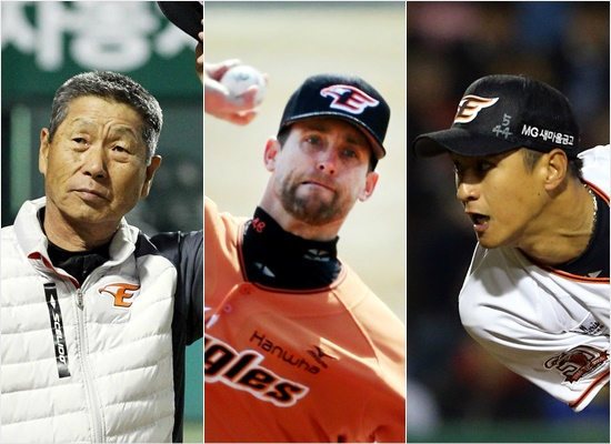 '우리는규진이도없고,탈보트도탈탈털렸거든'한화김성근감독(왼쪽부터)과선발탈보트,최근부상으로빠진마무리윤규진.(자료사진=한화이글스)