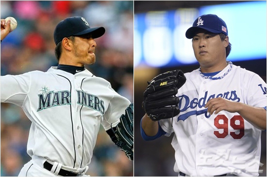 '함붙어보고싶었는데...'LA다저스류현진(오른쪽)은어깨부상회복이늦어지면서15일(한국시각)시애틀일본인투수이와쿠마히사시와선발대결도무산됐다.(자료사진=노컷뉴스,시애틀홈페이지)