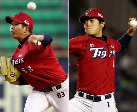 '스트라이크가안되네요'KIA임기준(왼쪽)과심동섭이16일LG와원정에서공을뿌리고있는모습.(잠실=KIA)