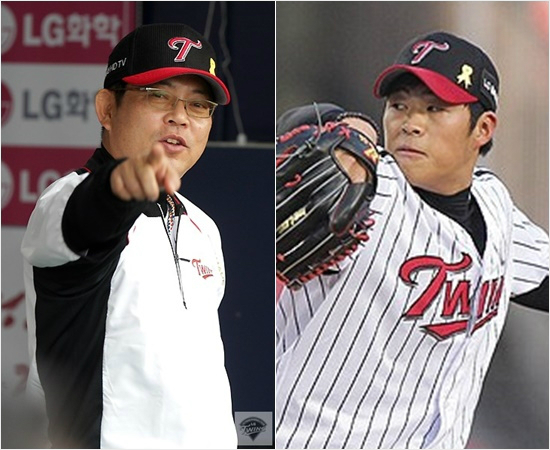 '지섭아,때를기다려라'LG양상문감독(왼쪽)과좌완투수임지섭.(자료사진=LG트윈스)