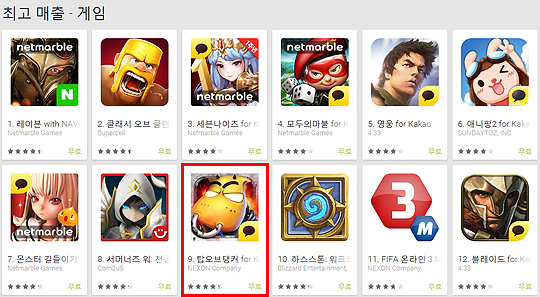 22일 구글 플레이 최고 매출 9위에 오른 '탑오브탱커 for Kakao'.