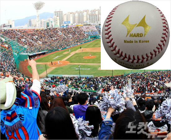 '이공이그렇게잘나가나?'올해프로야구는때아닌공인구반발계수논란이불거졌다.사진은공인구반발계수가기준치를넘었던H사의공인구(오른쪽위)와이를사용하는롯데의홈경기모습.(자료사진=윤성호기자,하드스포츠)