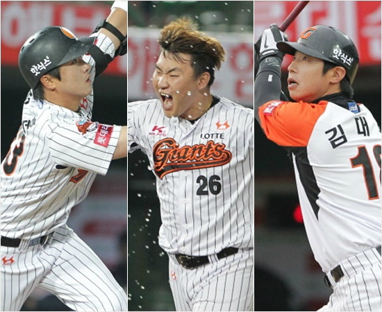 '우리가잘하면된다'올해사직구장에서홈런포를날렸던롯데정훈(왼쪽부터)-장성우-김대우.(자료사진=롯데자이언츠)
