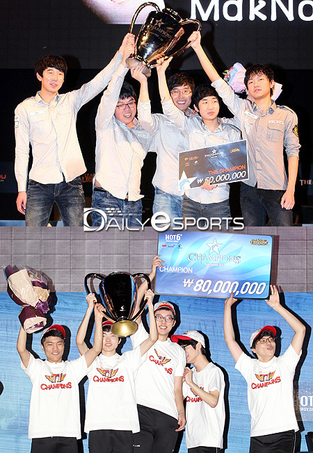 2012년 아주부 롤챔스 서머에서 우승을 차지한 CJ 엔투스(당시 아주부 프로스트, 위쪽)와 2013년 핫식스 롤챔스 서머에서 우승한 SK텔레콤 T1(당시 SK텔레콤 T1).