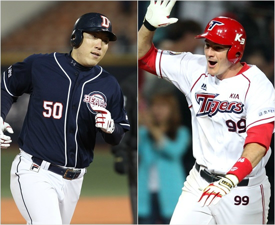 '어느3번이셀까'23일경기에서나란히팀의대역전승을이끈홈런포를쏘아올린두산김현수(왼쪽)와KIA브렛필.(자료사진=두산,KIA)