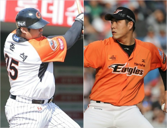 '다시붙어보자'최근롯데의상승세를이끄는주장최준석(왼쪽)과한화불펜의핵심좌완권혁.(자료사진=롯데,한화)