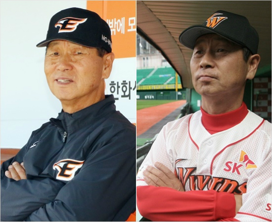 '어느쪽이더어울릴까요?'2007년SK부임첫해4월당시김성근감독(오른쪽)과올해한화지휘봉을잡은뒤4월김성근감독의모습.(자료사진=노컷뉴스윤창원기자,한화이글스)